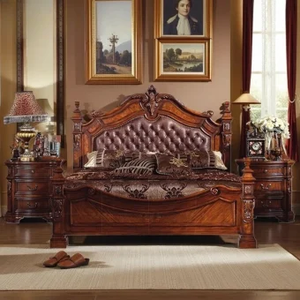European retro solid wood double bed 1.8 meters leather soft bag master bedroom retro big bed villa high-end bedroom wedding bed