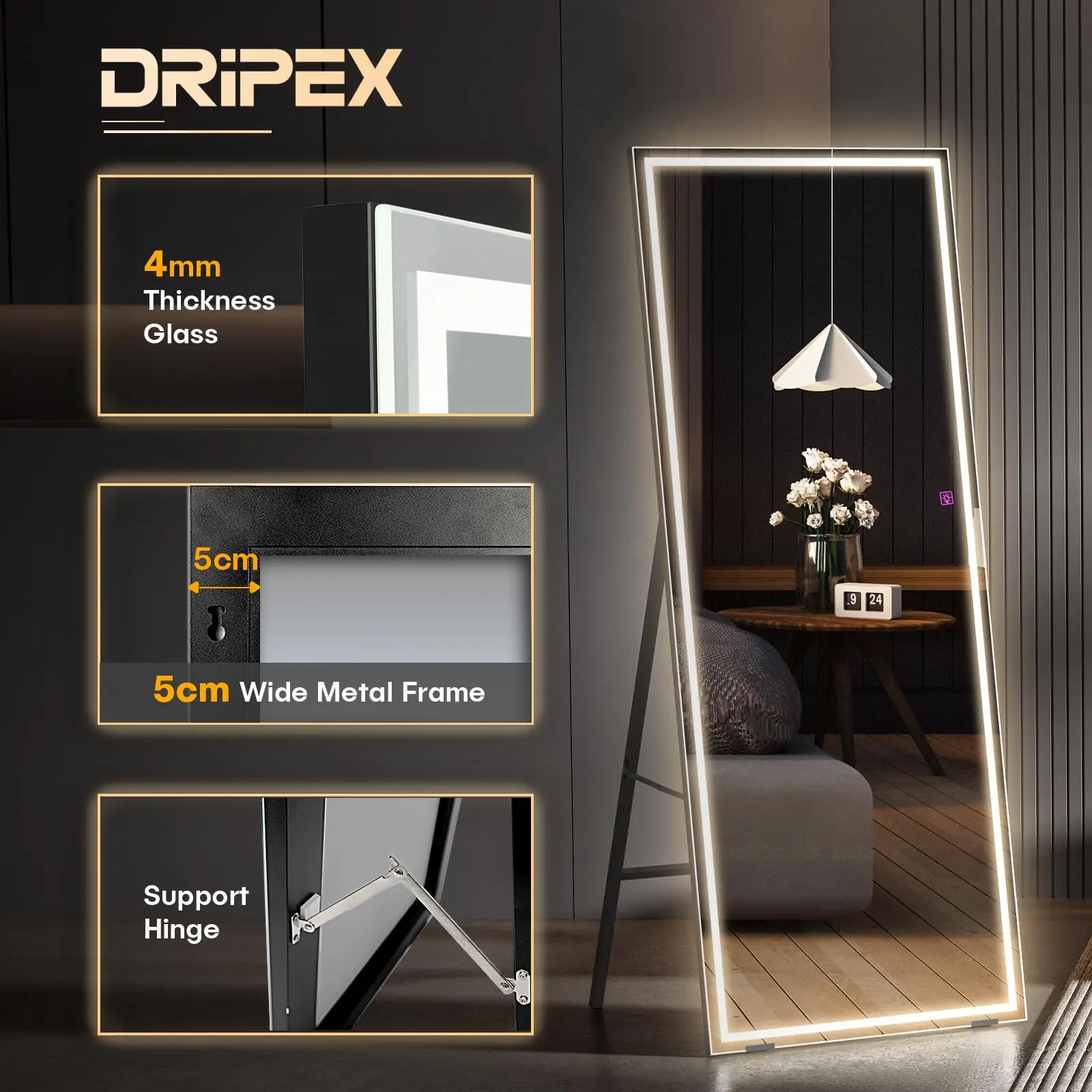 Dripex LED Full Length Mirror 140x50cm, Floor Standing or Wall Mounted with Dimming & 3-Color Lighting for Bedroom