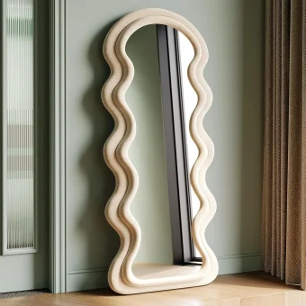 Full Length Mirror 160x60cm,Irregular Wavy Mirrors,Arch Floor Standing Mirrors for Bedroom,Living room,Flannel Wrapped+Wooden