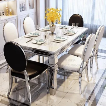 Marble dining table and chair set modern rectangular stainless steel diningtable 6 people small apartment rock slab dining table