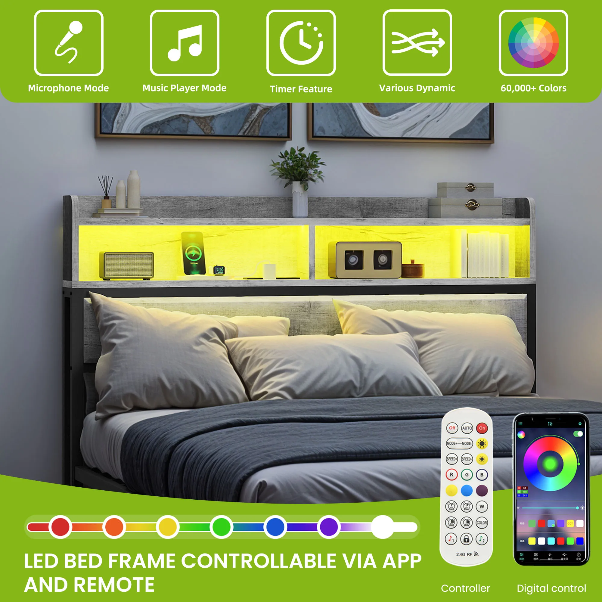 YITAHOME King Size Grey Bed Frame with LED Headboard, USB Ports & 2 Shelves - Metal Platform, No Box Spring Needed