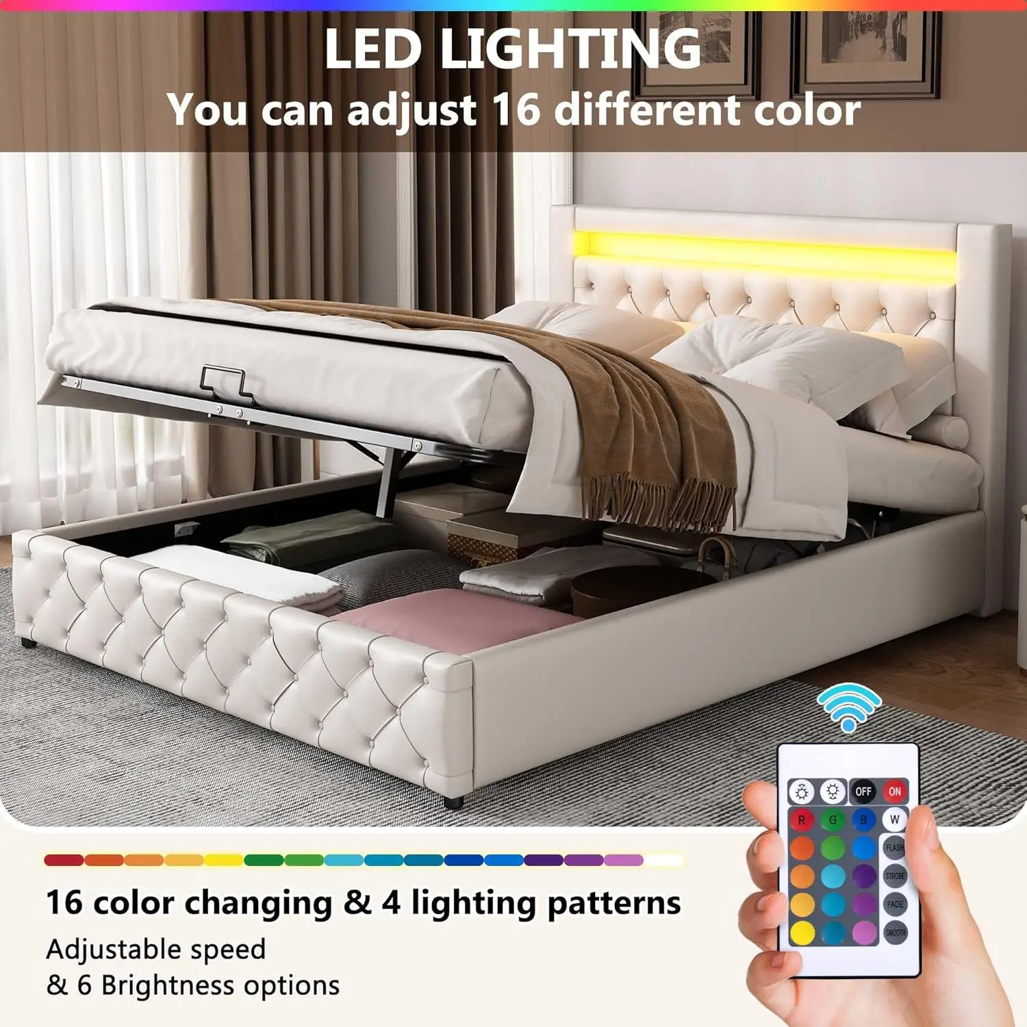 Upholstered Bed, Functional Bed with Slatted Frame and Storage Space LED Lighting in PU (White & 150x200cm)