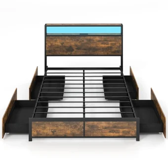 GOFLAME Double Size Bed Frame Metal Bed Platform LED Lights Headboard