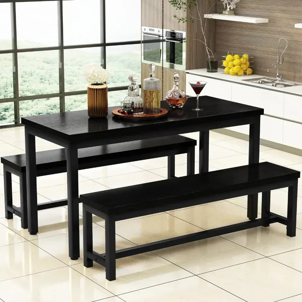 4-person premium dining table set with 2 benches, metal frame and thick plate, suitable for kitchen and dining, black