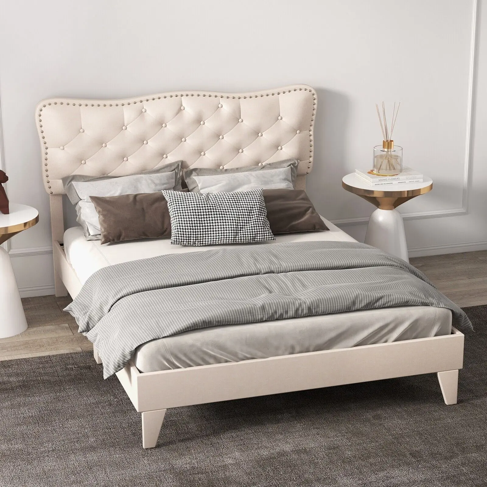 GOFLAME Double Size Bed Frame Wooden Slats Platform Upholstered Button Tufted Headboard