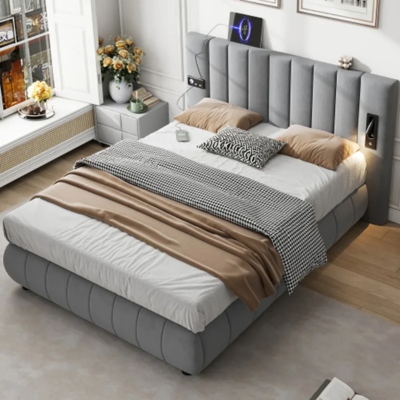 Upholstered bed, Adults teenagers,With stereo, 3 Type A +1 Type C,With lighting,electrical plug,Soft headboard, Velvet+Iron,Grey