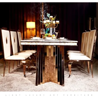 Linlimlam Luxury Dining Set: 6 Stainless Steel Genuine Leather Chair and Rectangle Marble Sea Shell Table kitchen room furniture