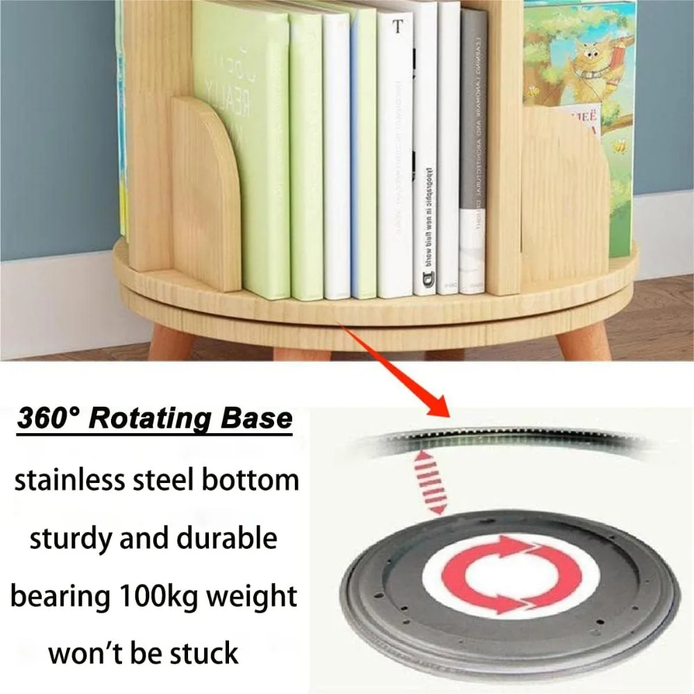 3 Tier Rotating Bookshelf with Legs Standing Kids Rotating Bookshelf Wood Bookcase Round Bookshelf 360 Display Easy Assemble