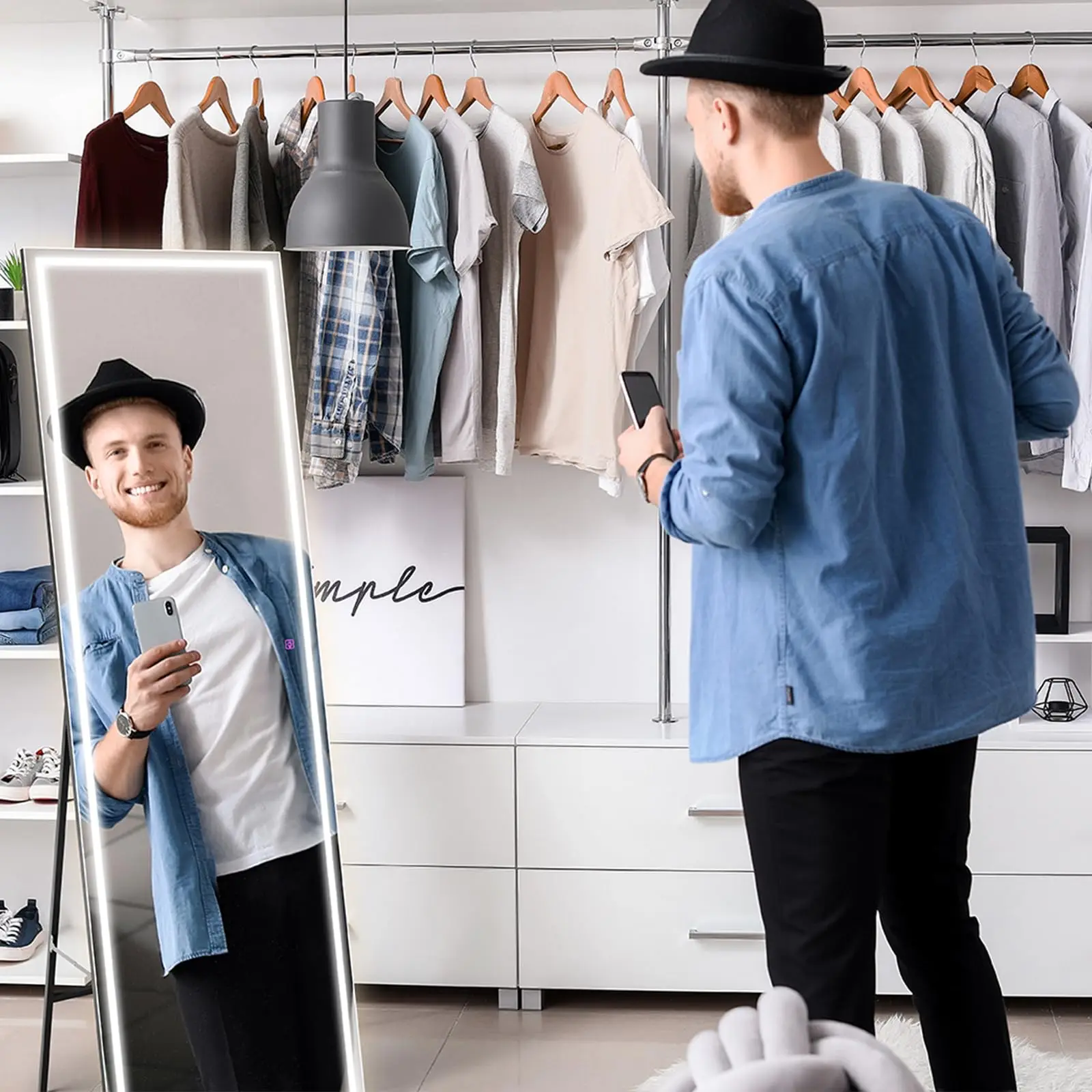 Dripex LED Full Length Mirror 140x50cm, Floor Standing or Wall Mounted with Dimming & 3-Color Lighting for Bedroom