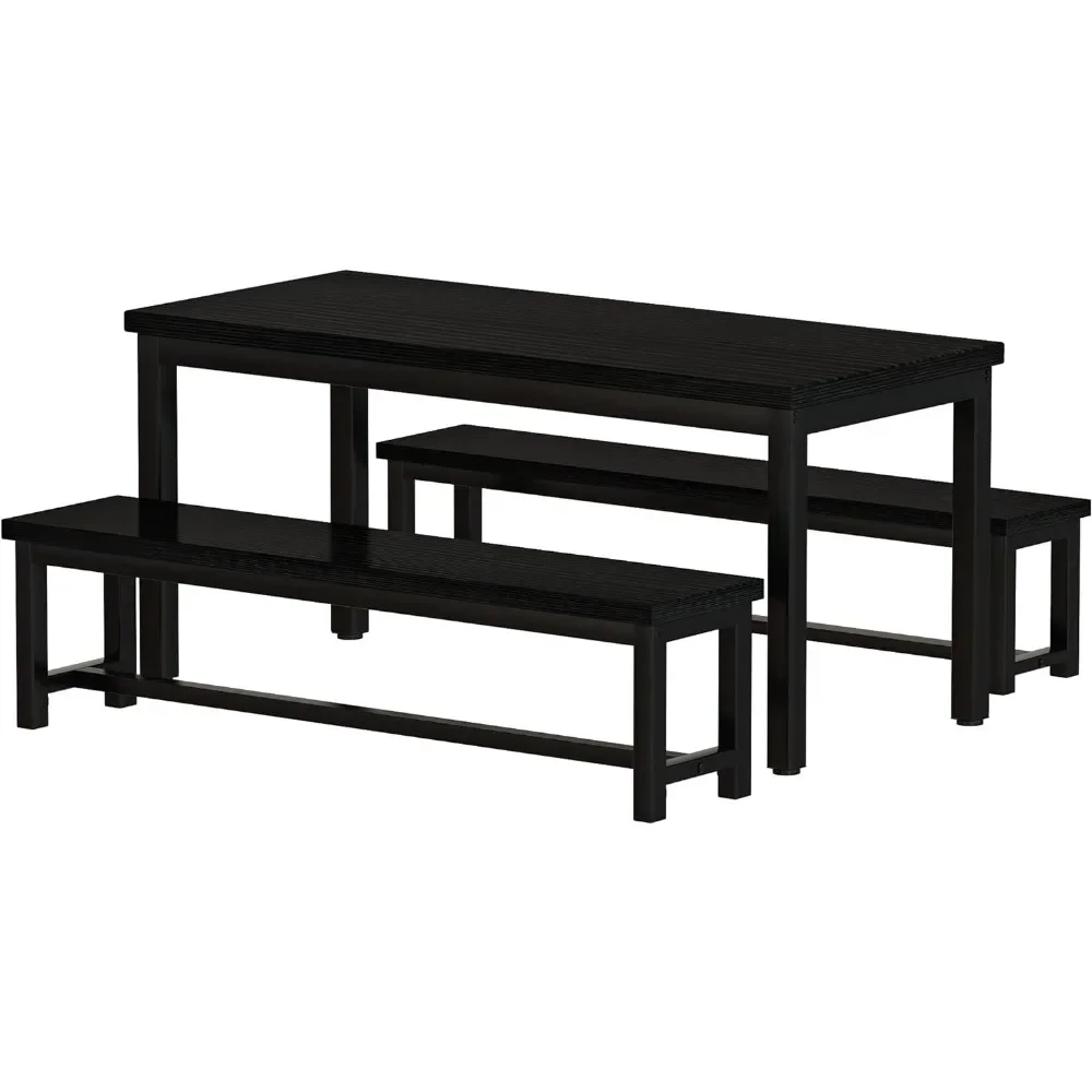 4-person premium dining table set with 2 benches, metal frame and thick plate, suitable for kitchen and dining, black