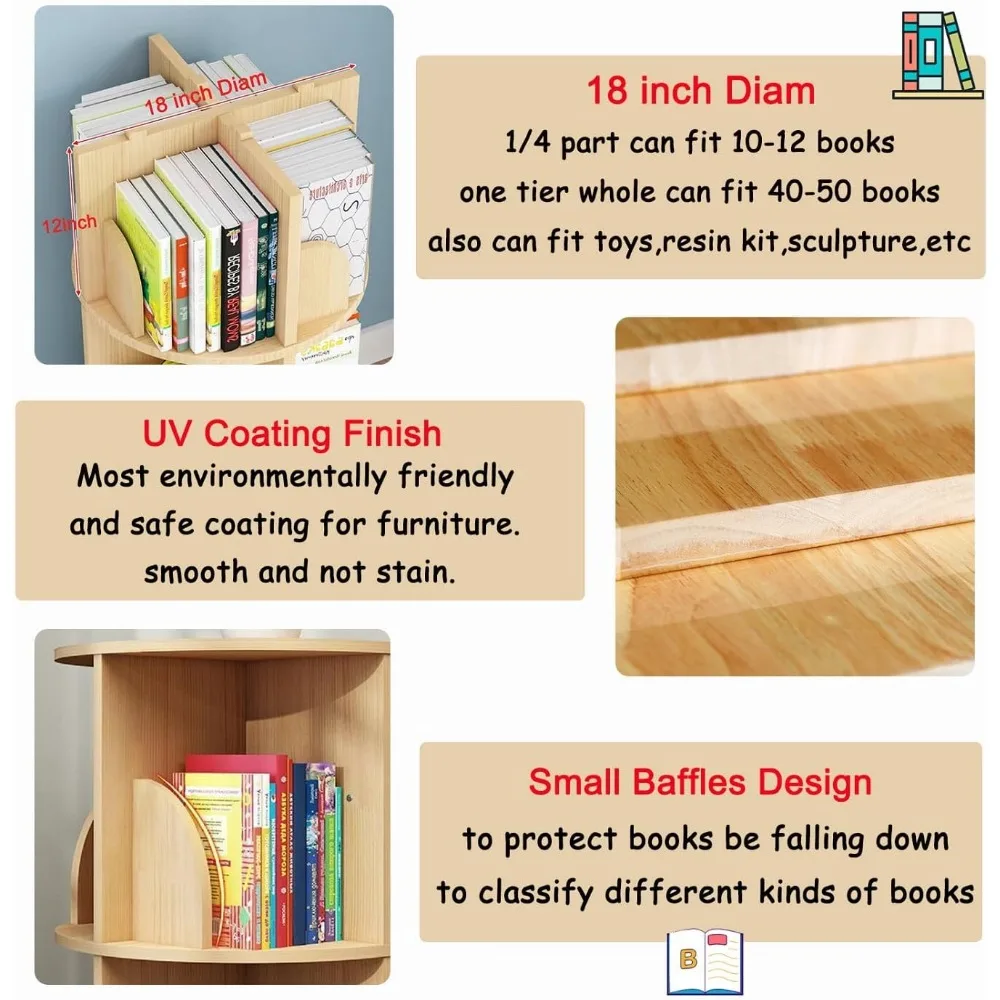 3 Tier Rotating Bookshelf with Legs Standing Kids Rotating Bookshelf Wood Bookcase Round Bookshelf 360 Display Easy Assemble