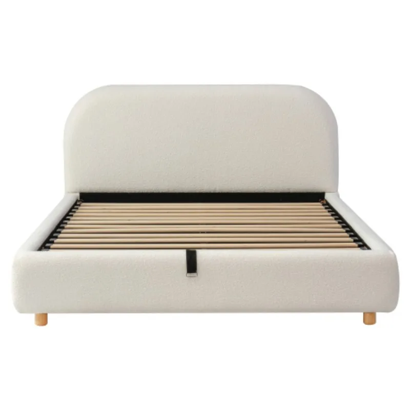 Ottoman Storage Bed Frame with Round Silhouette, Arched Headboard, Double Upholstered Bed Frame with Boucle Fabric, Warm White