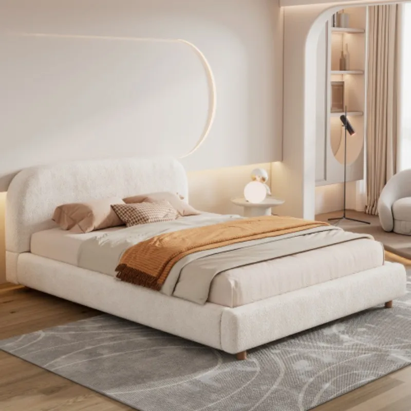 Ottoman Storage Bed Frame with Round Silhouette, Arched Headboard, Double Upholstered Bed Frame with Boucle Fabric, Warm White