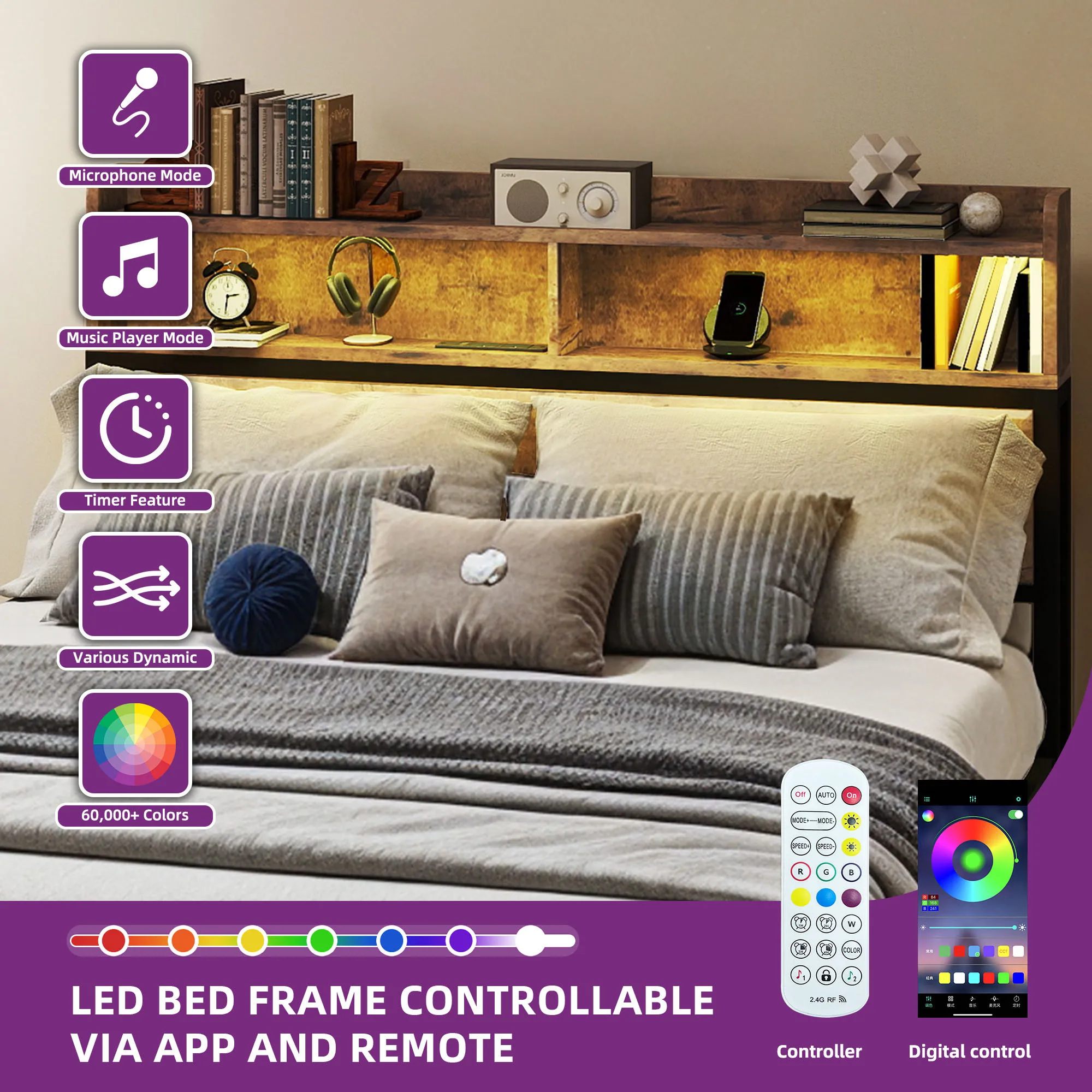 YITAHOME Wood Super King Bed Frame - LED Headboard with USB Ports, 2-Tier Shelves, Metal Platform (No Box Spring)