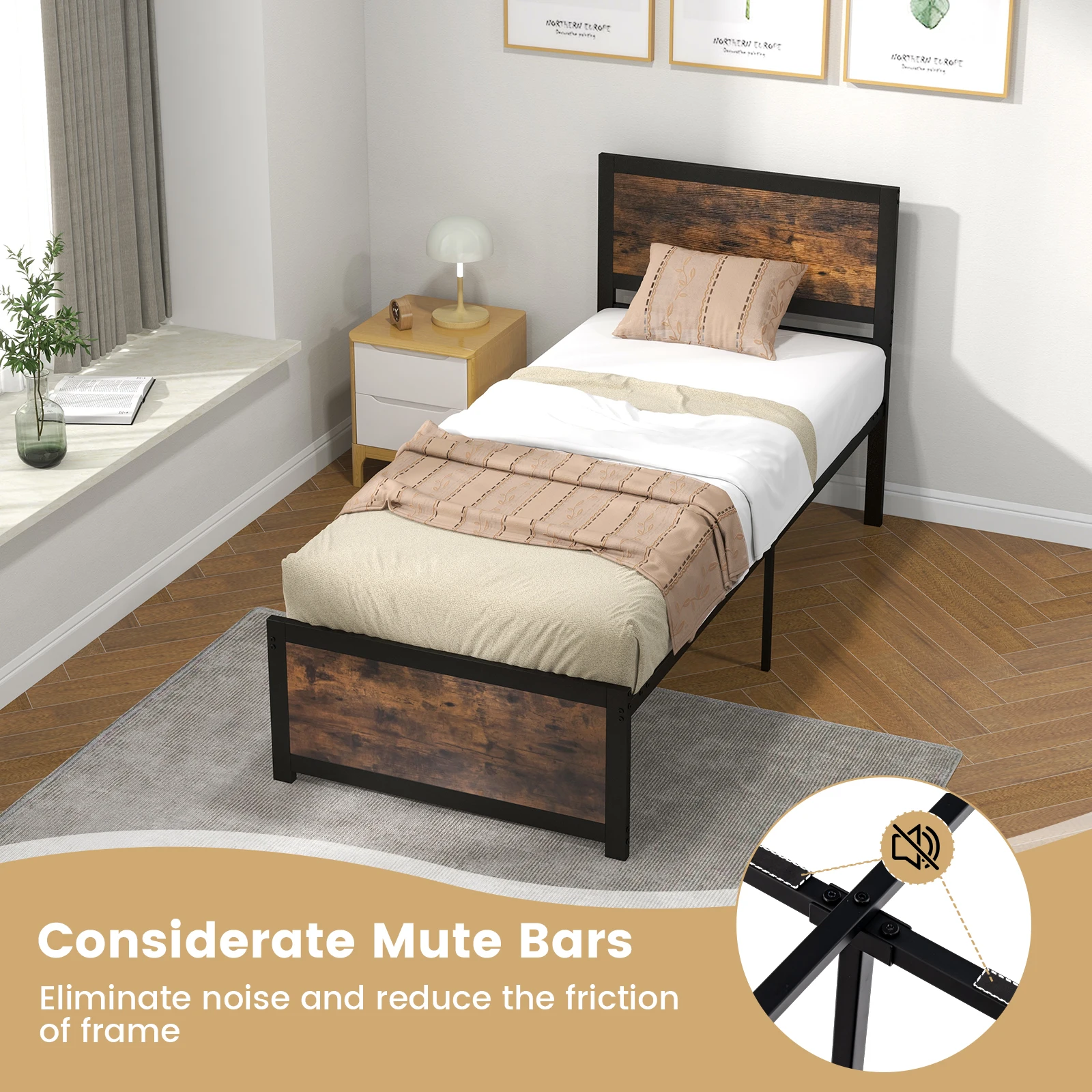 GOFLAME Single Size Bed Frame, Metal Platform Bed with High Headboard, Metal Slats & Mute Bars