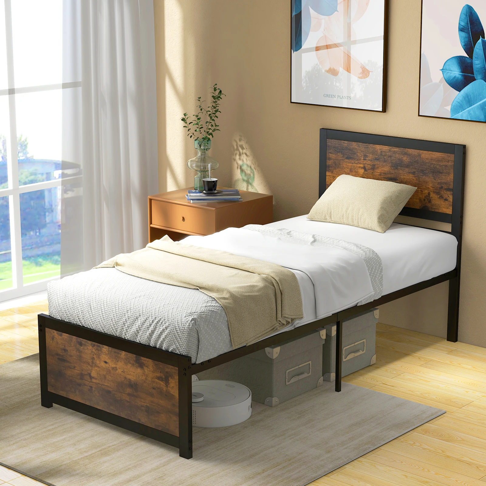 GOFLAME Single Size Bed Frame, Metal Platform Bed with High Headboard, Metal Slats & Mute Bars