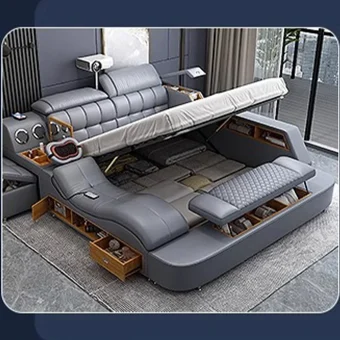 MANBAS Luxury King Size Genuine Leather Bed / Tech Smart Bed / Multifunctional Ultimate Beds / Massage Bed with USB,Projecter
