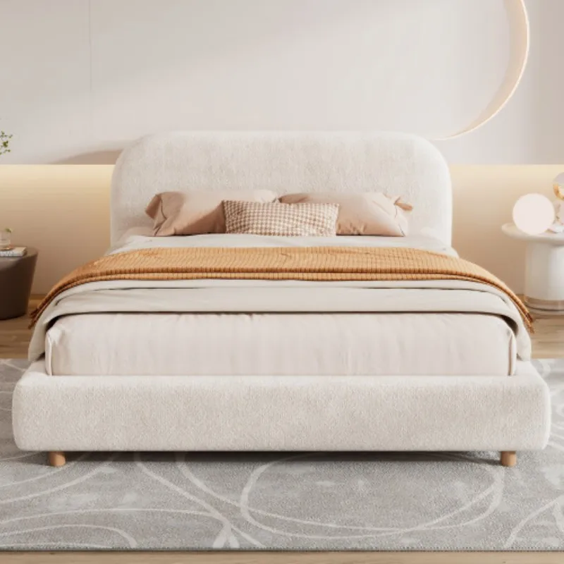 Ottoman Storage Bed Frame with Round Silhouette, Arched Headboard, Double Upholstered Bed Frame with Boucle Fabric, Warm White