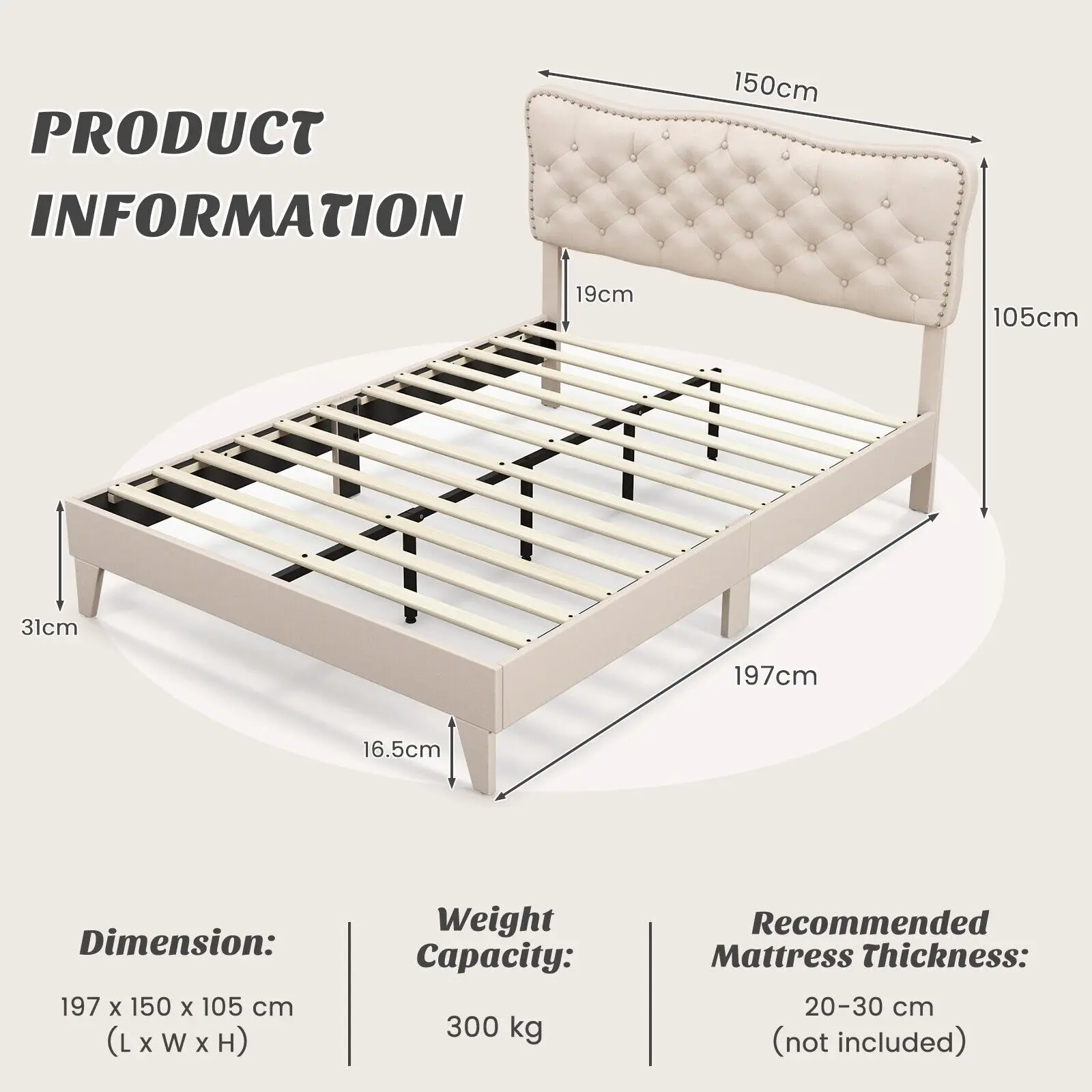 GOFLAME Double Size Bed Frame Wooden Slats Platform Upholstered Button Tufted Headboard