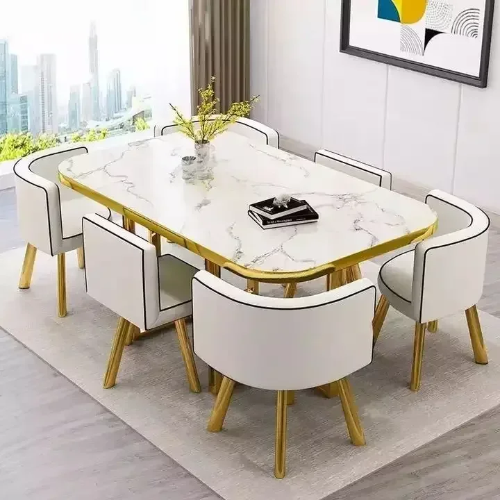 Modern Marble Top White Classic Dining Table Living Room with 6 Chairs Set