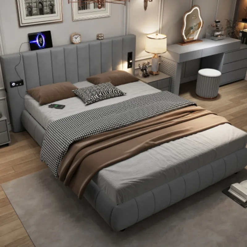 Upholstered bed, Adults teenagers,With stereo, 3 Type A +1 Type C,With lighting,electrical plug,Soft headboard, Velvet+Iron,Grey