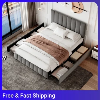Velvet Platform Bed Frame With 4 Storage Drawers, 4ft6 Double Upholstered Bed With Adjustable Channel Tufted Headboard