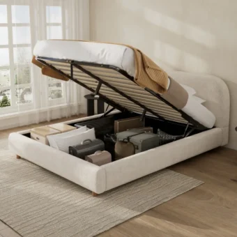 Ottoman Storage Bed Frame with Round Silhouette, Arched Headboard, Double Upholstered Bed Frame with Boucle Fabric, Warm White