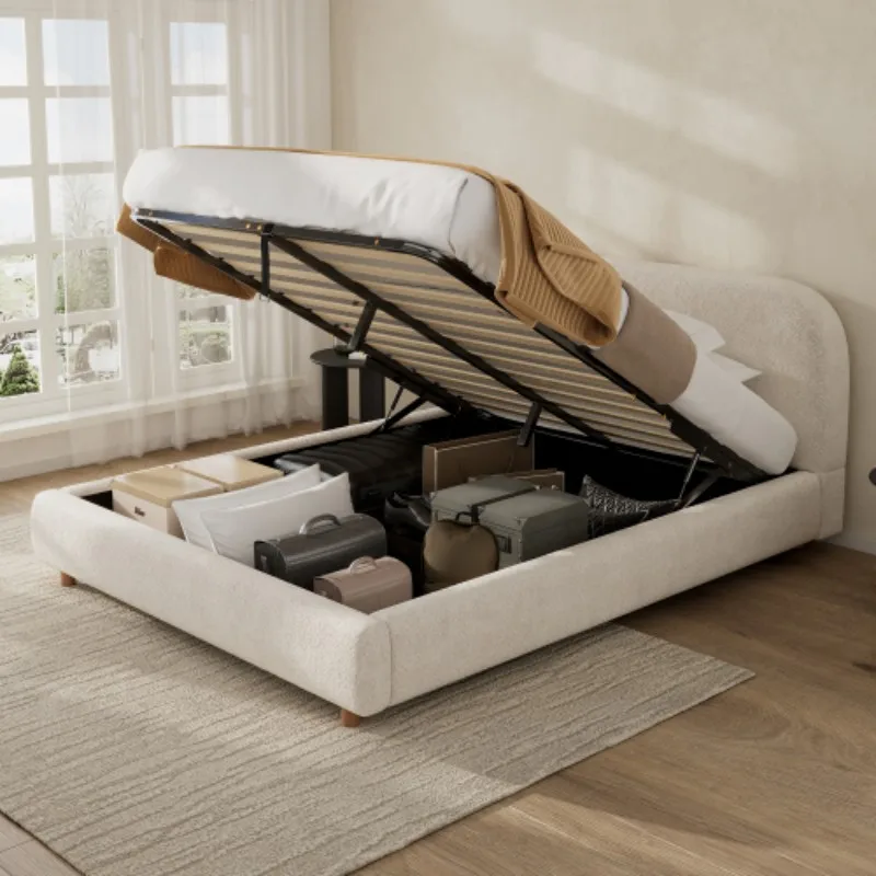 Ottoman Storage Bed Frame with Round Silhouette, Arched Headboard, Double Upholstered Bed Frame with Boucle Fabric, Warm White