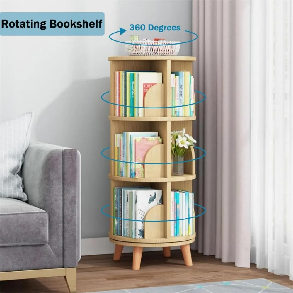 3 Tier Rotating Bookshelf with Legs Standing Kids Rotating Bookshelf Wood Bookcase Round Bookshelf 360 Display Easy Assemble