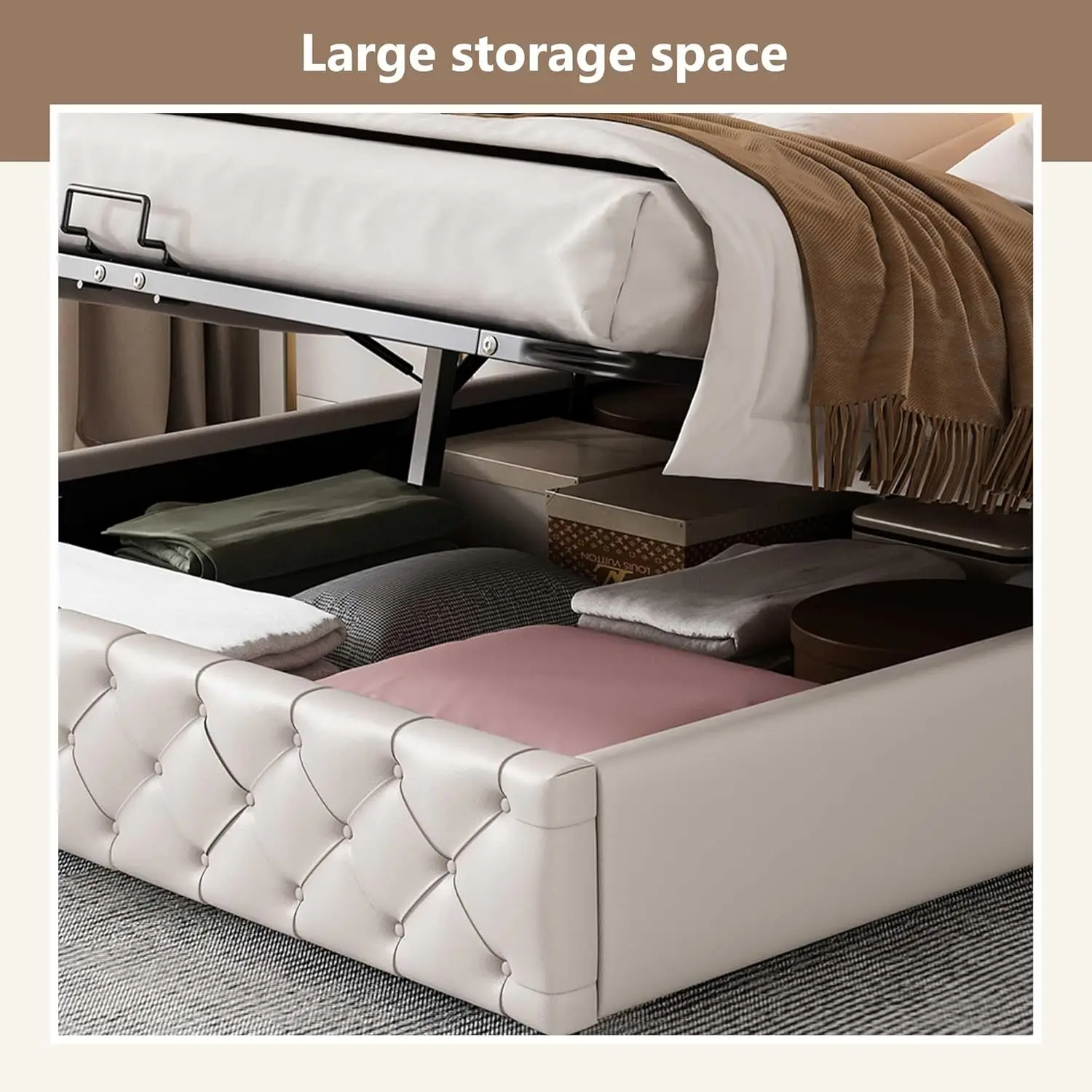 Upholstered Bed, Functional Bed with Slatted Frame and Storage Space LED Lighting in PU (White & 150x200cm)