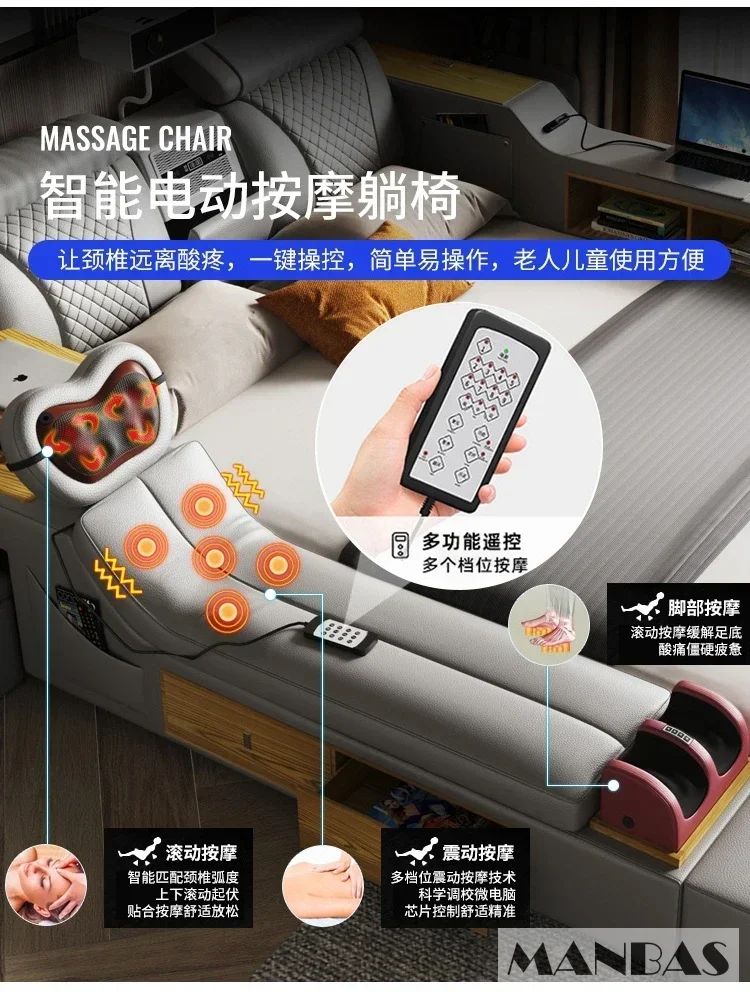 Linlamlim Ultimate Multifunctional Bedframe - Tech Smart Bed with Genuine Leather, Massage, Speaker, Projector, Air Purifier