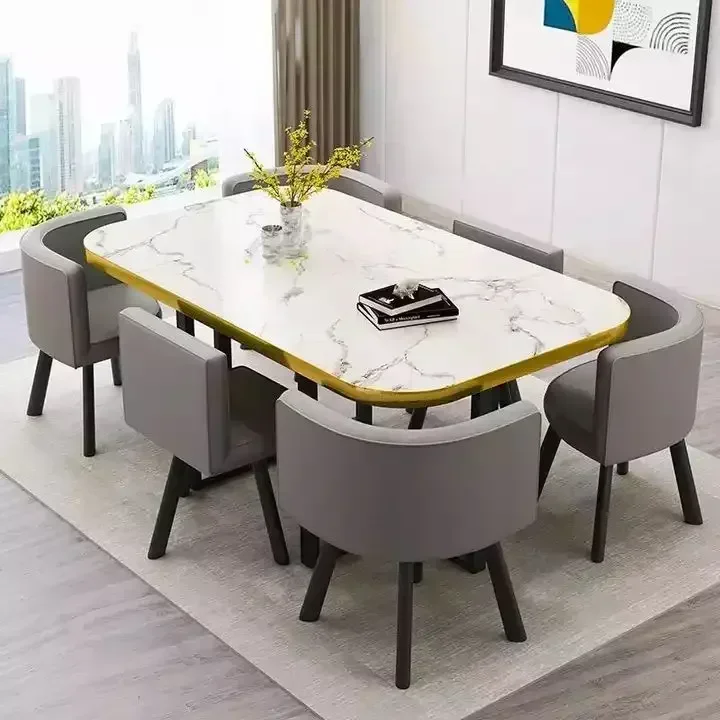Modern Marble Top White Classic Dining Table Living Room with 6 Chairs Set