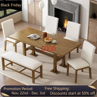6-Piece Dining Table Set, Extendable Table with 18'' Leaf and Trestle Base, Furniture Set with 4 Upholstered Dining Chair& Bench