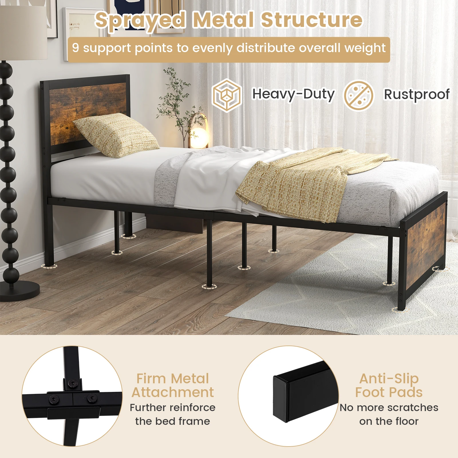 GOFLAME Single Size Bed Frame, Metal Platform Bed with High Headboard, Metal Slats & Mute Bars