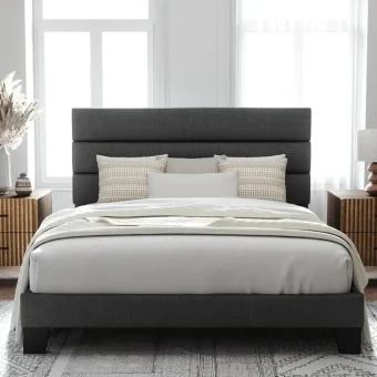 Queen Size Platform Bed Frame with Fabric Upholstered Headboard and Wooden Slats Support, Fully Upholstered Mattress