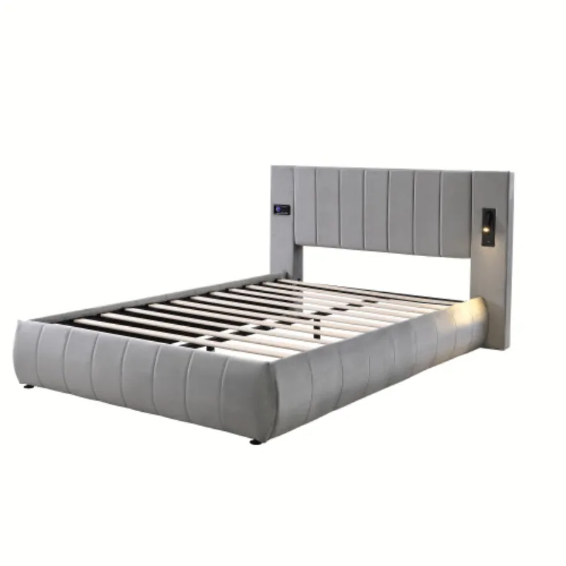 Upholstered bed, Adults teenagers,With stereo, 3 Type A +1 Type C,With lighting,electrical plug,Soft headboard, Velvet+Iron,Grey