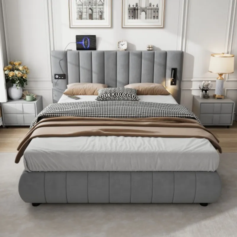 Upholstered bed, Adults teenagers,With stereo, 3 Type A +1 Type C,With lighting,electrical plug,Soft headboard, Velvet+Iron,Grey
