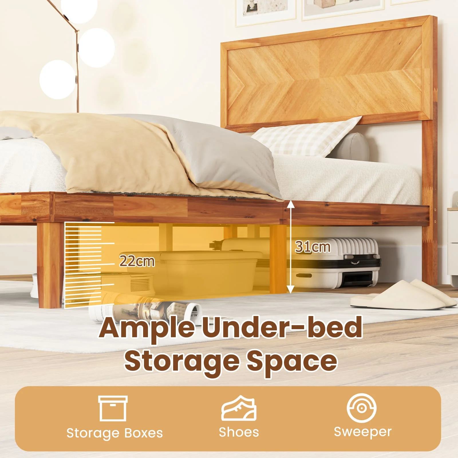 GOFLAME King Size Bed Frame Acacia Wood Platform Bed w/Headboard-Caramel