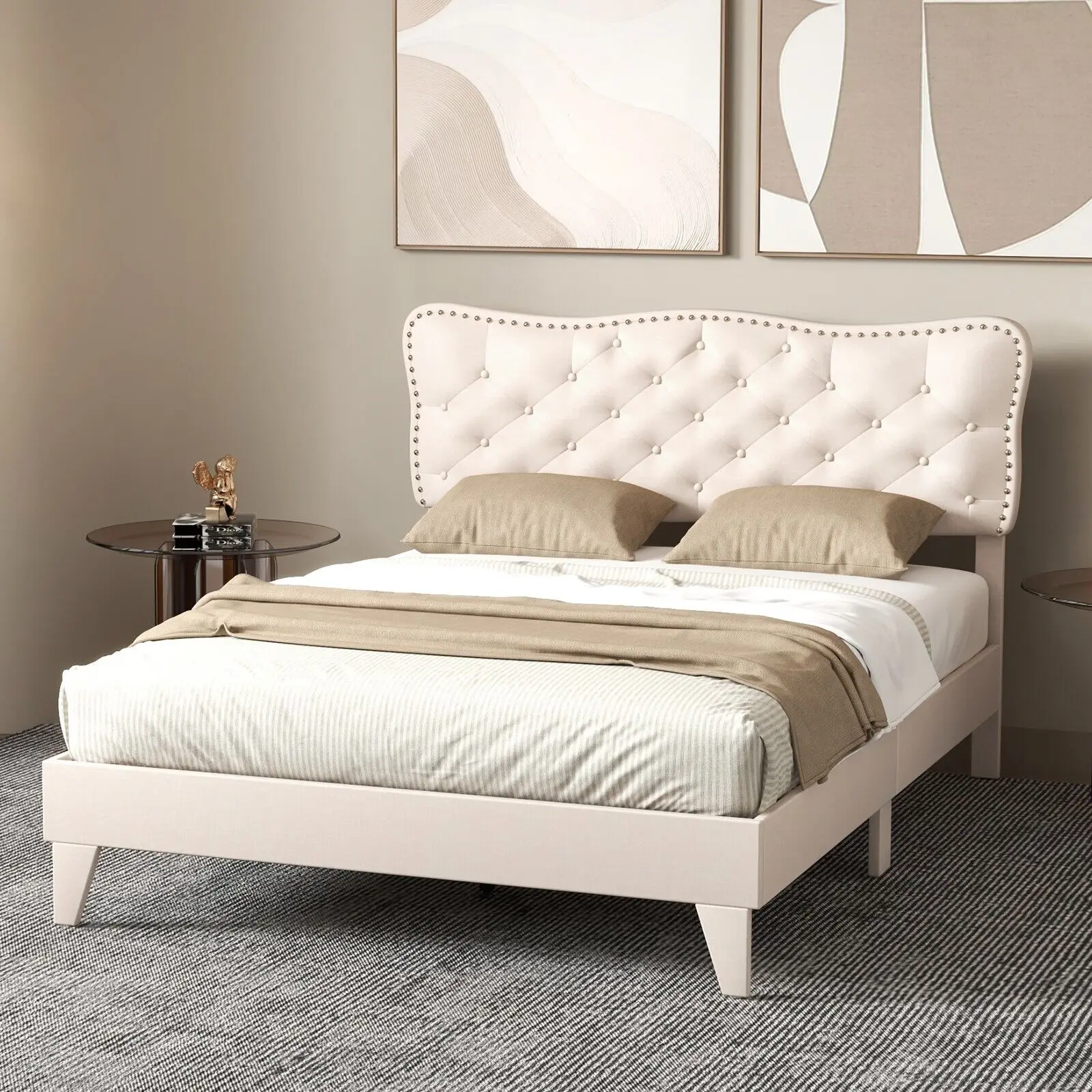 GOFLAME Double Size Bed Frame Wooden Slats Platform Upholstered Button Tufted Headboard
