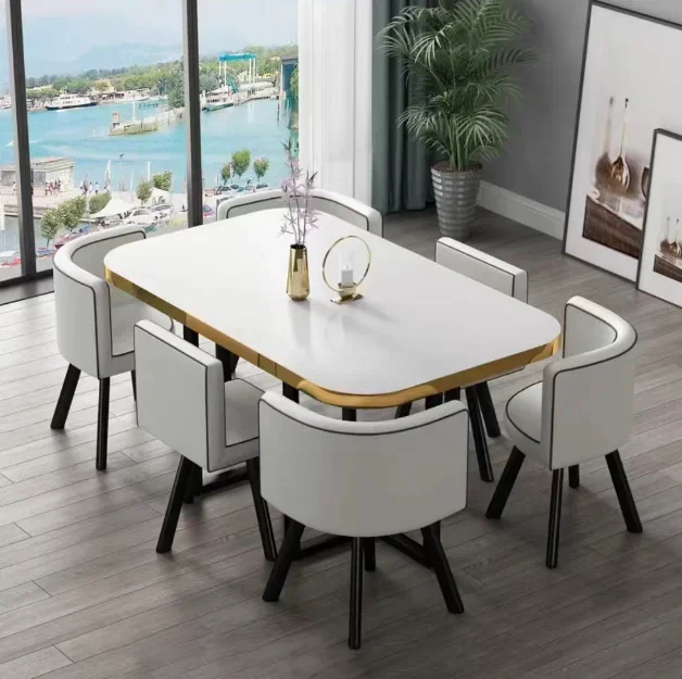 Modern Marble Top White Classic Dining Table Living Room with 6 Chairs Set