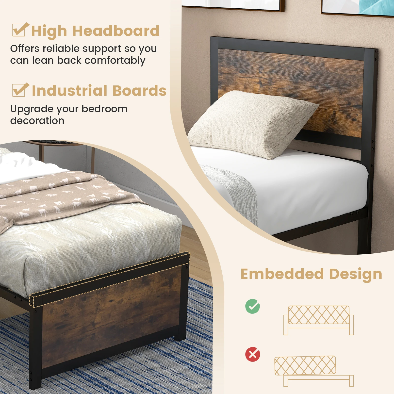 GOFLAME Single Size Bed Frame, Metal Platform Bed with High Headboard, Metal Slats & Mute Bars