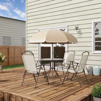 Outsunny 6 Piece Garden Dining Set with Umbrella, Patio Sets with Parasol with 4 Dining Chairs & Tempered Glass Table