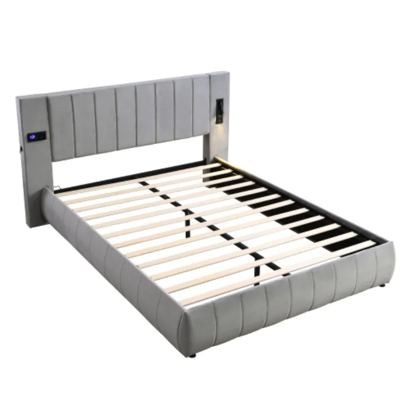 Upholstered bed, Adults teenagers,With stereo, 3 Type A +1 Type C,With lighting,electrical plug,Soft headboard, Velvet+Iron,Grey