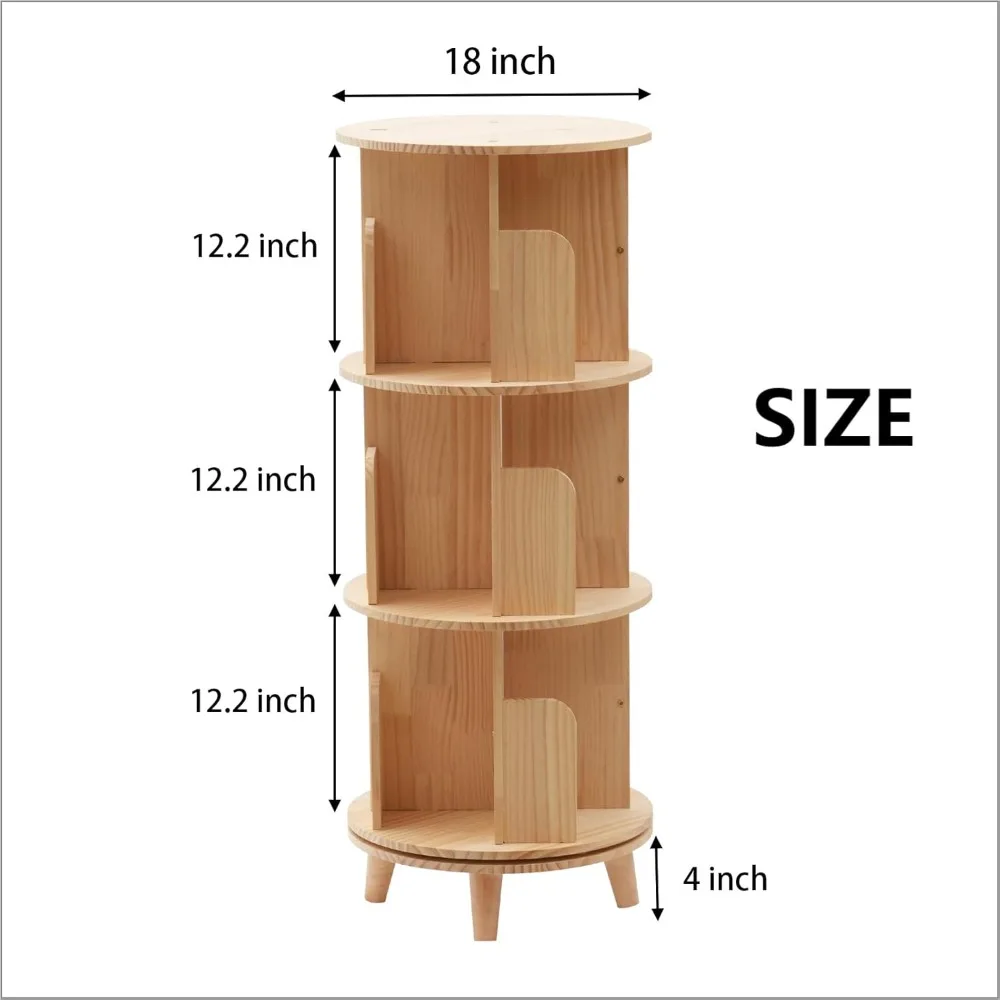 3 Tier Rotating Bookshelf with Legs Standing Kids Rotating Bookshelf Wood Bookcase Round Bookshelf 360 Display Easy Assemble