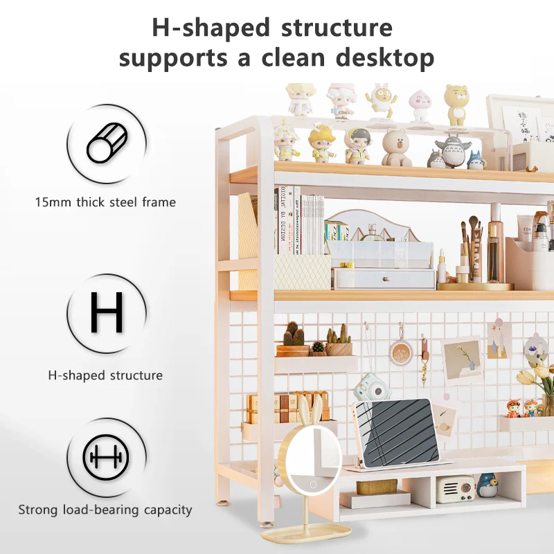 Bookshelf Bookcase With Grid Desktop Multi-layer Wrought Iron Shelf Student Computer Desk Table Hole Board Table Wooden Shelves