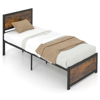 GOFLAME Single Size Bed Frame, Metal Platform Bed with High Headboard, Metal Slats & Mute Bars