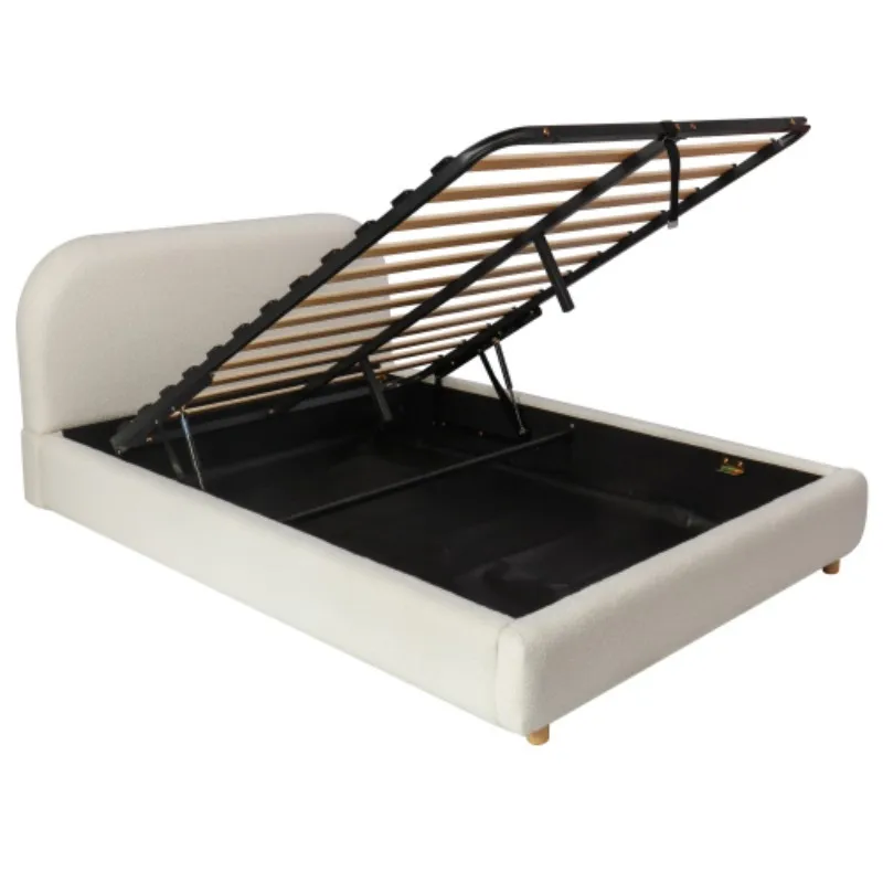 Ottoman Storage Bed Frame with Round Silhouette, Arched Headboard, Double Upholstered Bed Frame with Boucle Fabric, Warm White