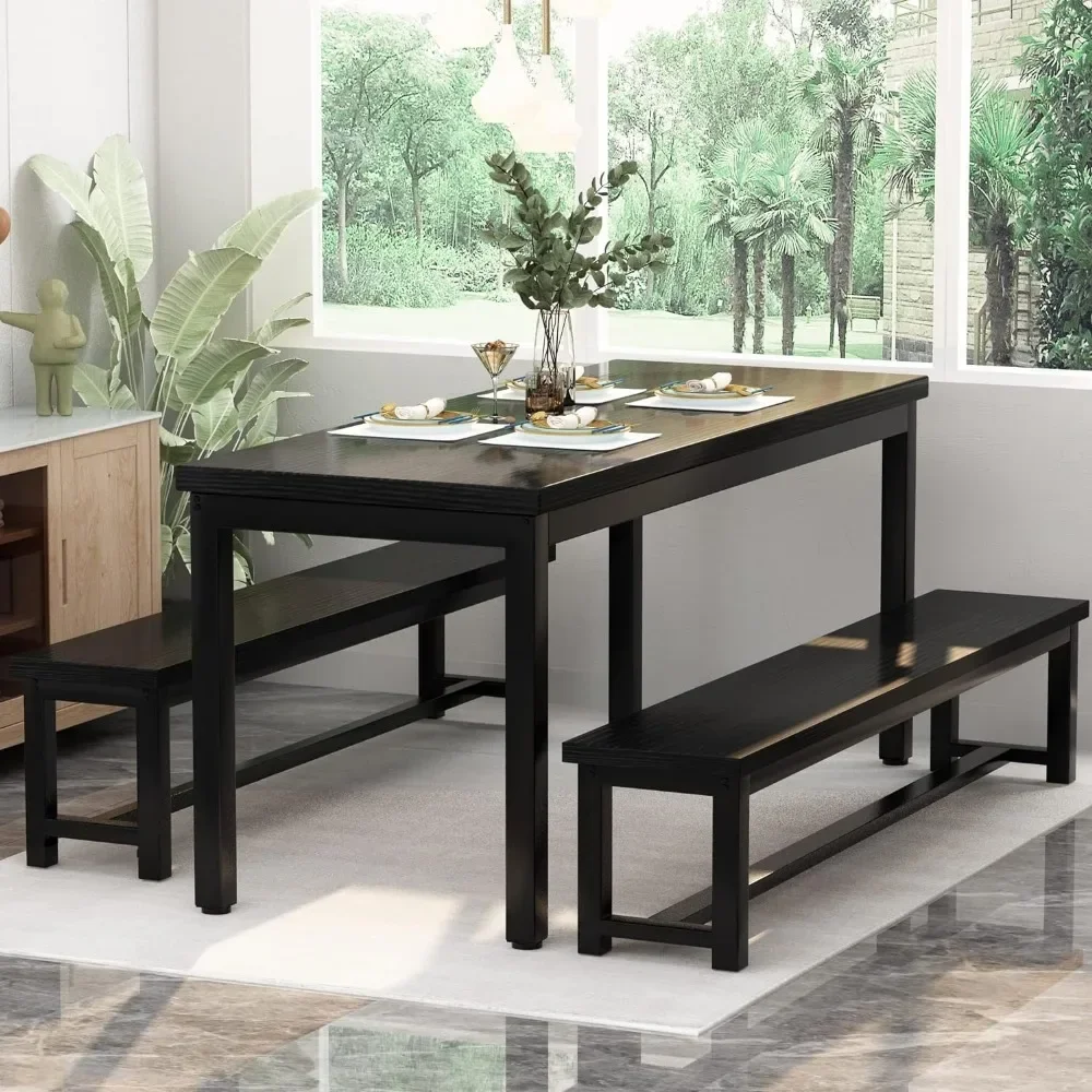 4-person premium dining table set with 2 benches, metal frame and thick plate, suitable for kitchen and dining, black