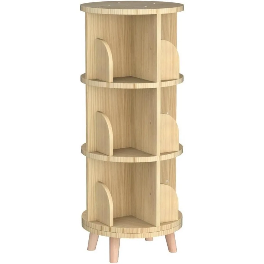 3 Tier Rotating Bookshelf with Legs Standing Kids Rotating Bookshelf Wood Bookcase Round Bookshelf 360 Display Easy Assemble