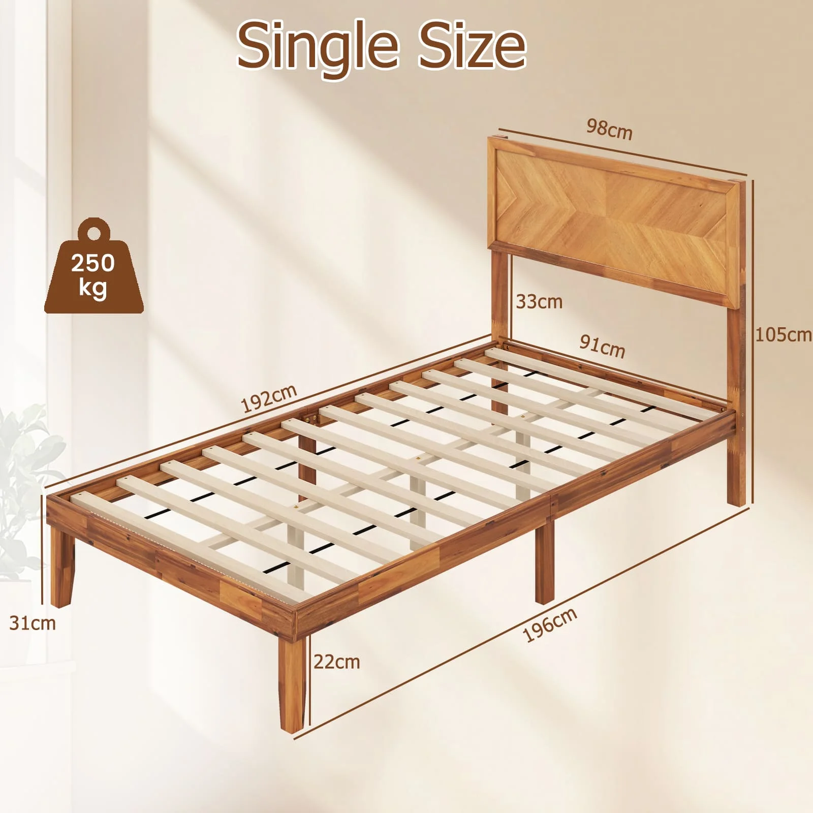 GOFLAME King Size Bed Frame Acacia Wood Platform Bed w/Headboard-Caramel